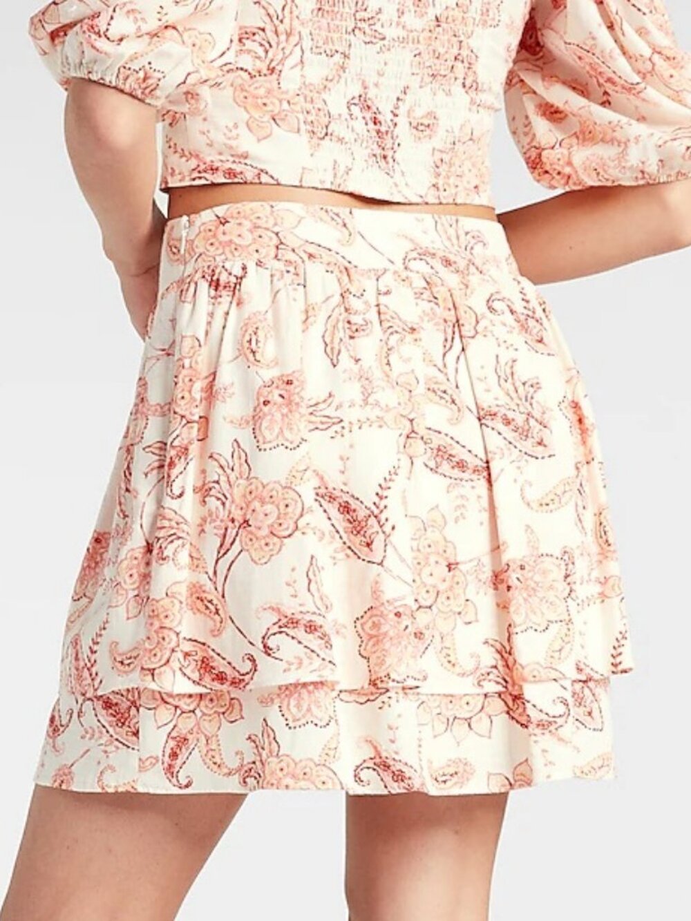 Express Pink Linen-Blend Printed Floral Tiered Ruffle Mini Skirt SZ 2 - Picture 5 of 6